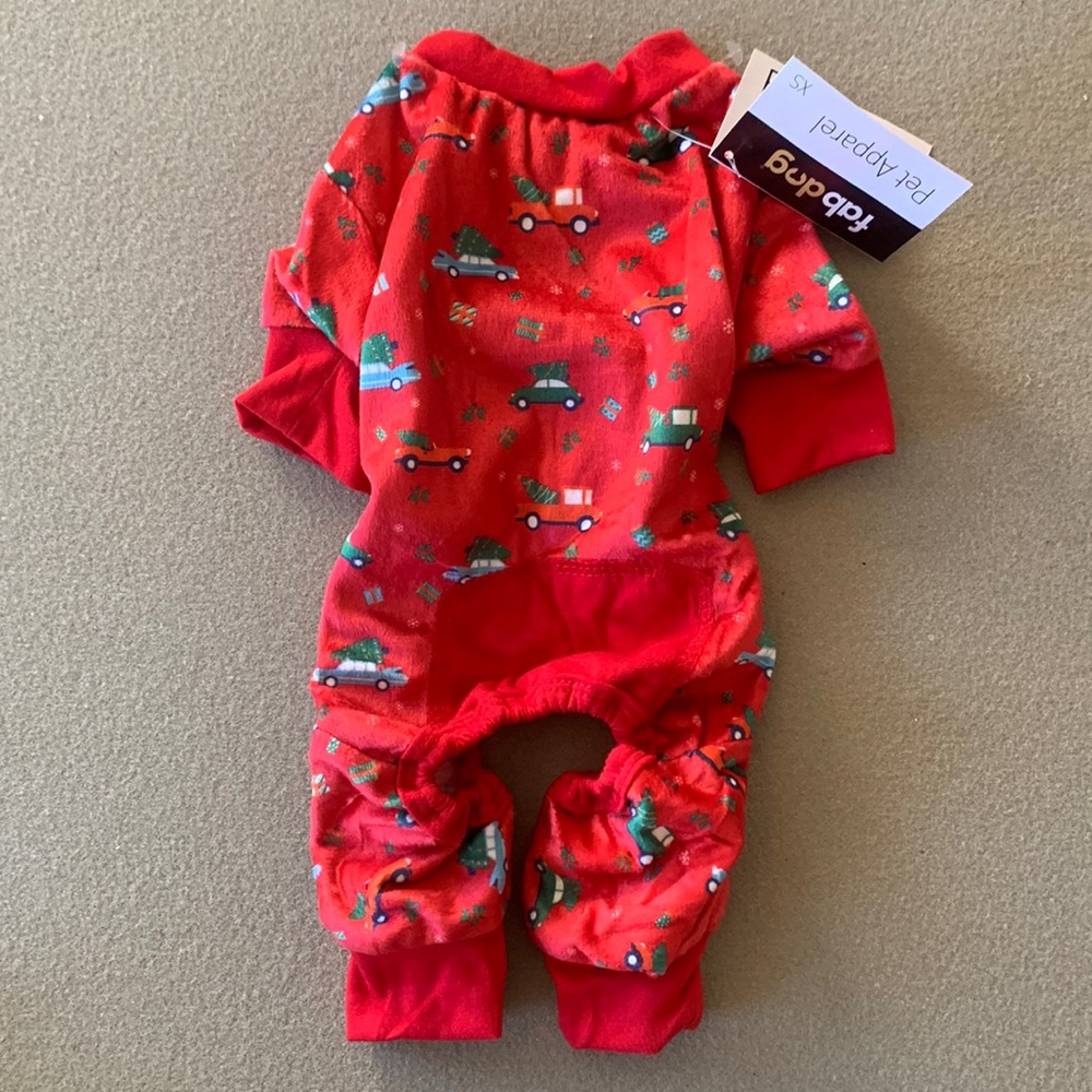 FabDog Fab Dog Christmas Xmas Pajamas PJs Red Car Trucks Trees Extra Small XS